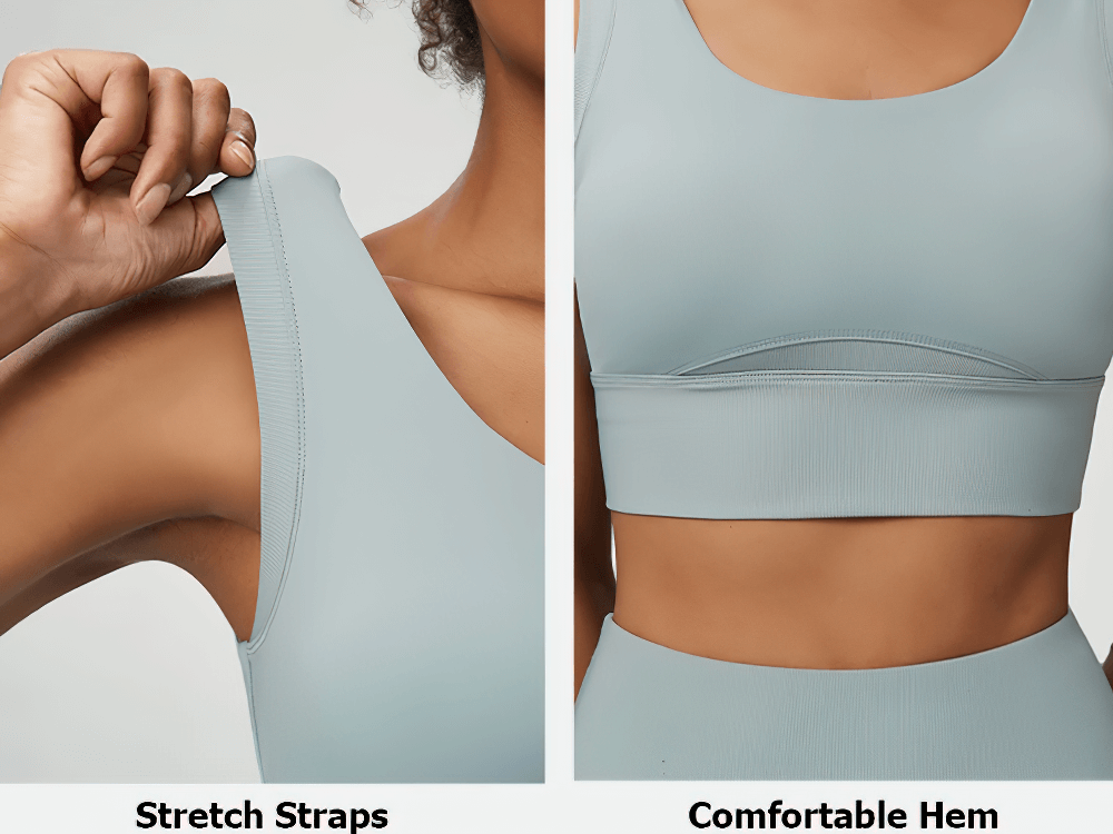 Close-up of a serene blue sports bra featuring stretch straps and comfortable hem detail for women, part of joggers and bra set SF2089.